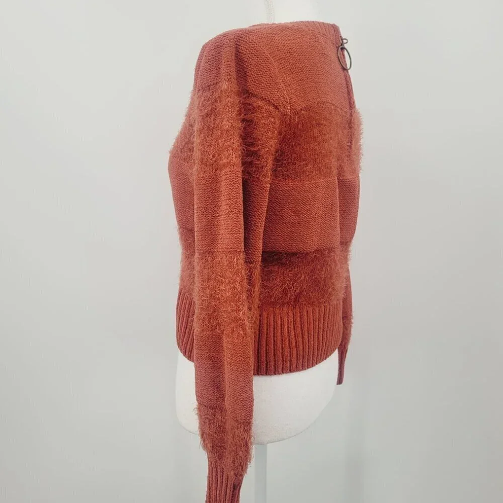 Hippie Rose Chenille Cropped Eyelash Striped Back Zip Crewneck Sweater